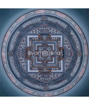 Grey Colored Kalachakra Mandala Thangka With Silver