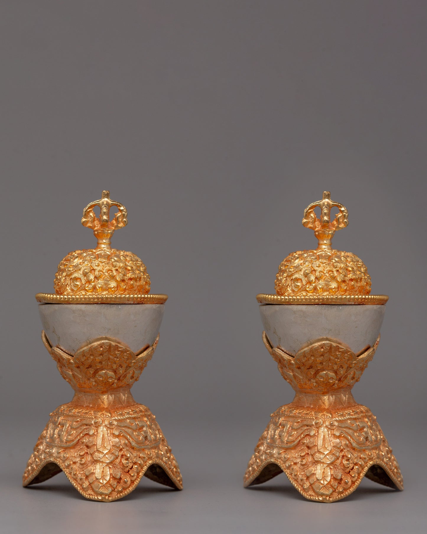 Gold Silver Plated Copper Kapala Set - Pair of Spiritual Artifacts