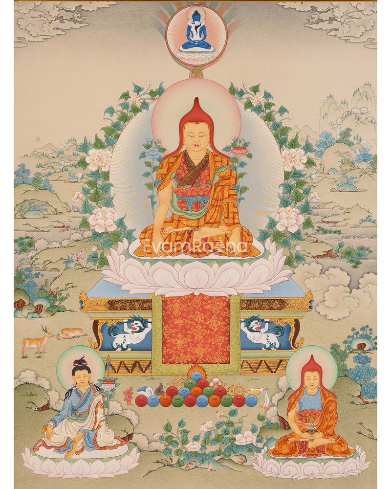 Guru Longchenpa Mantra Thangka With Jigme Lingpa and Vimalamitra | Hand-painted Buddhist Guru Art