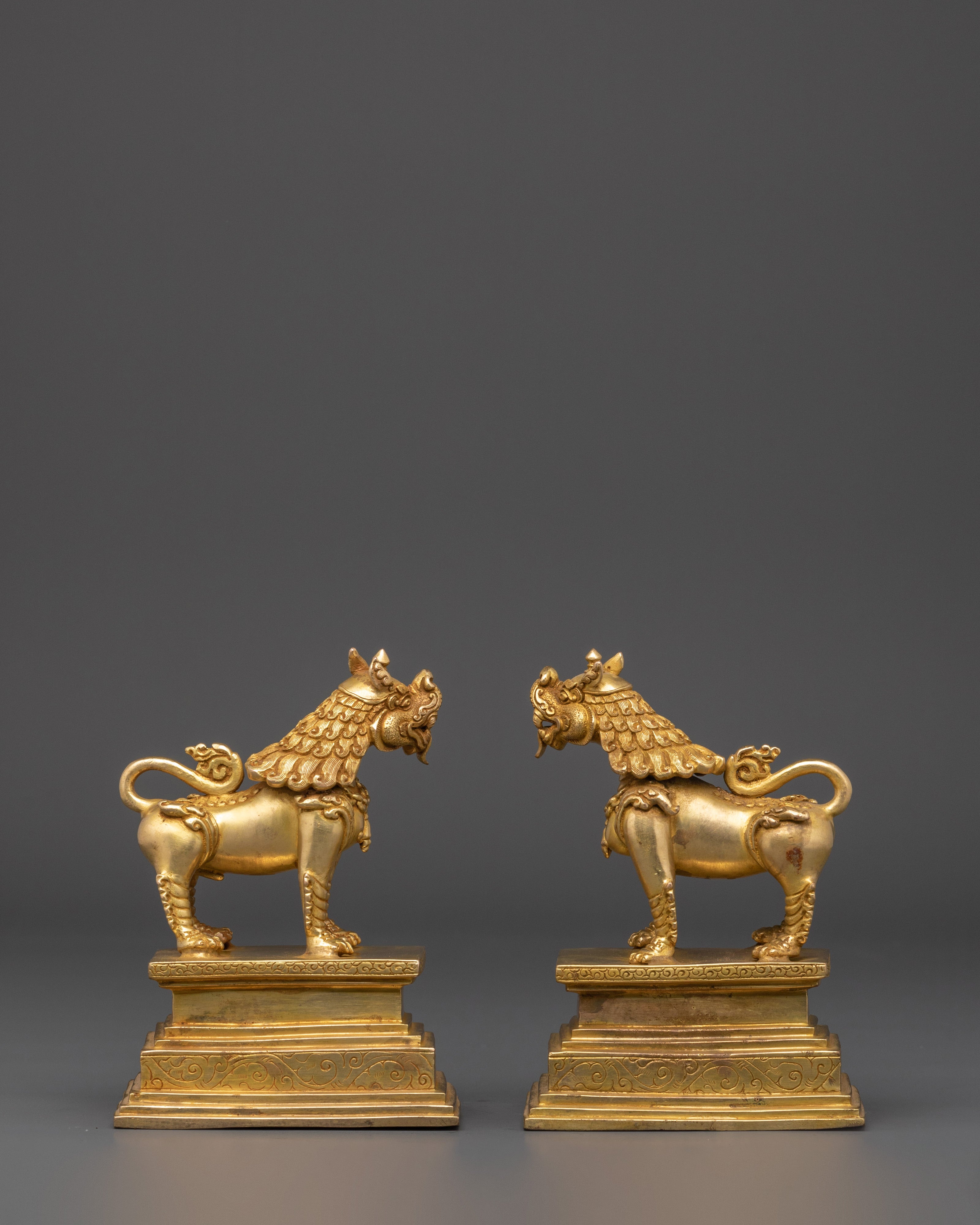 Gold Plated Lion Statue Set | Set of Two Temple Guardians