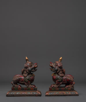 Sacred Copper Lion Statue Set | Spiritual Protection and Strength