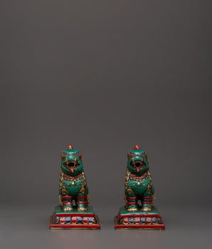 Tibetan Lion Set Brass Guardian Statues