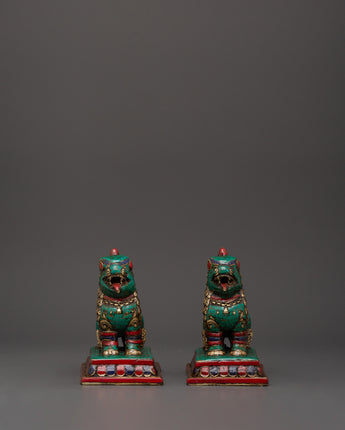 Tibetan Lion Set Brass Guardian Statues
