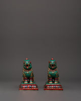 Tibetan Lion Set Brass Guardian Statues