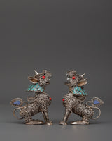 White Metal Guardian Lion Statue Set 