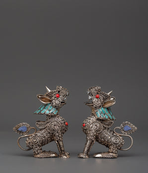 White Metal Guardian Lion Statue Set 