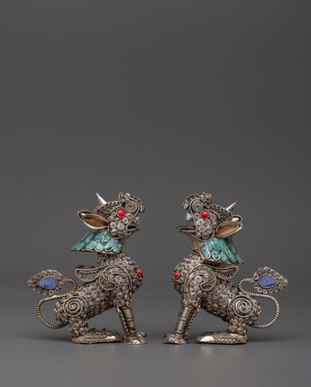 White Metal Guardian Lion Statue Set 