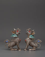White Metal Guardian Lion Statue Set