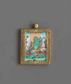 Thangka Green Tara Locket Pandent | Gold-Plated Copper Spiritual Jewelry