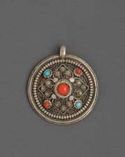 Traditional Tibetan Amulet Locket | Sterling Silver Pendant with Coral and Turquoise Gemstones