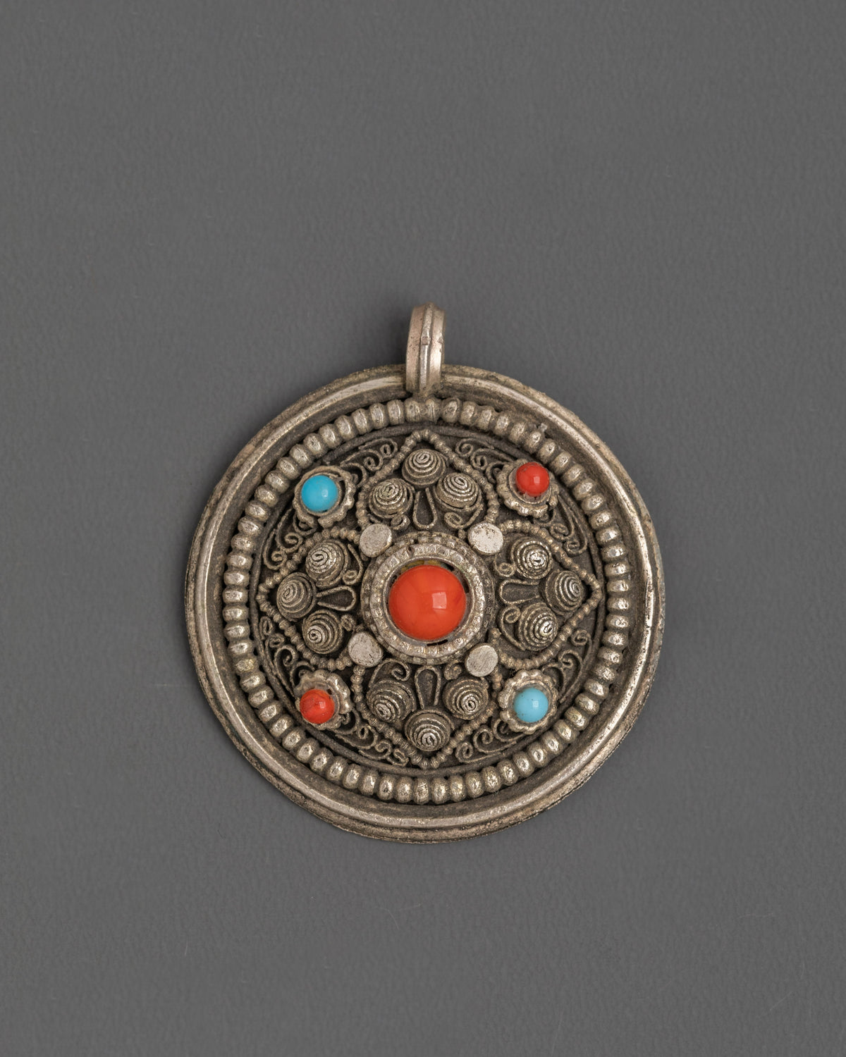 Traditional Tibetan Amulet Locket | Sterling Silver Pendant with Coral and Turquoise Gemstones