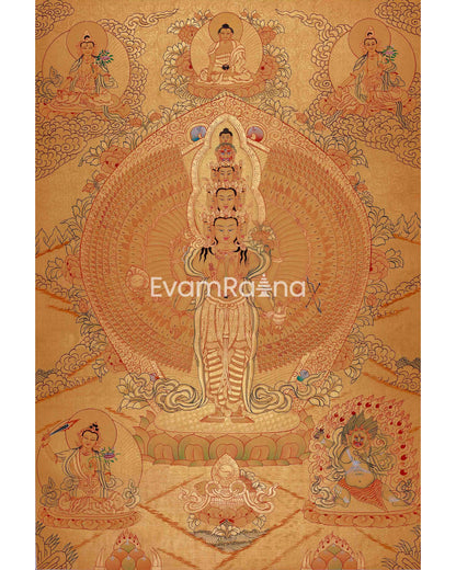 Gold Style Lokeshvara Thangka | 1000 Armed Chenresig Avalokiteshvara Painting