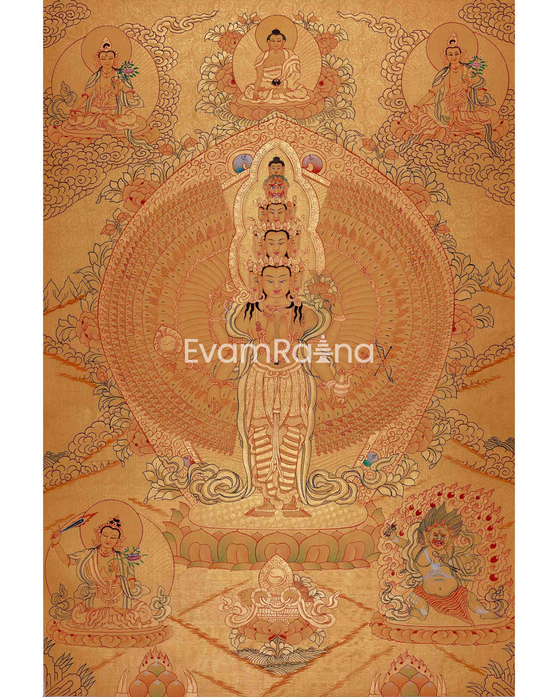 Gold Style Lokeshvara Thangka | 1000 Armed Chenresig Avalokiteshvara Painting