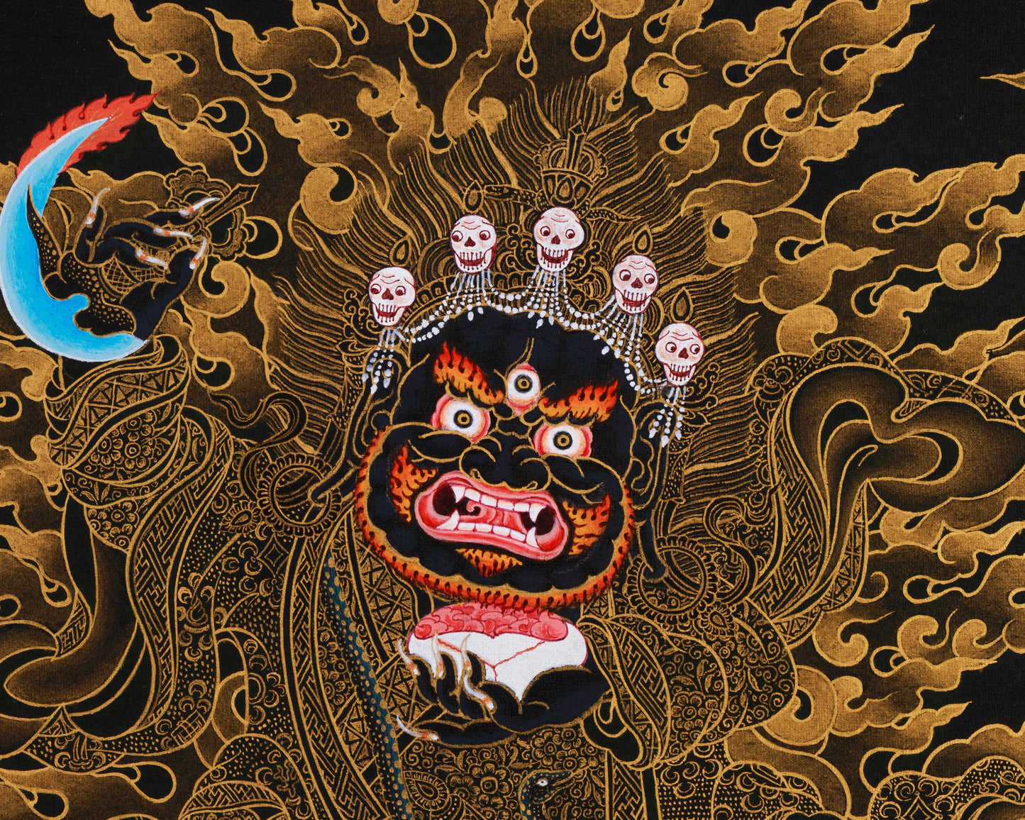 Fierce Kagyu Mahakala Bernagchen Thangka: Gold Work