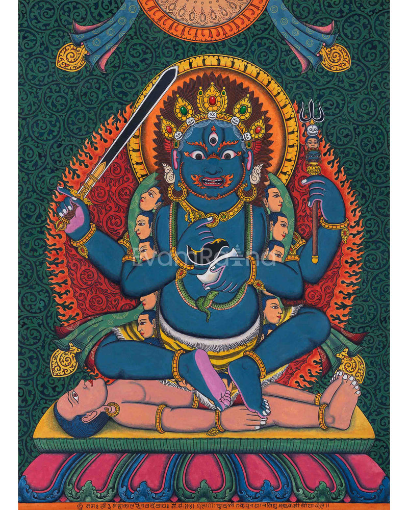 Traditional Newari Pauba Print Of 4 Armed Mahakala | High-Quality Giclee Print For Meditation