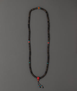 108 Bead Japa Mala Necklace with Black Stone Beads | Turquoise and Coral Accents