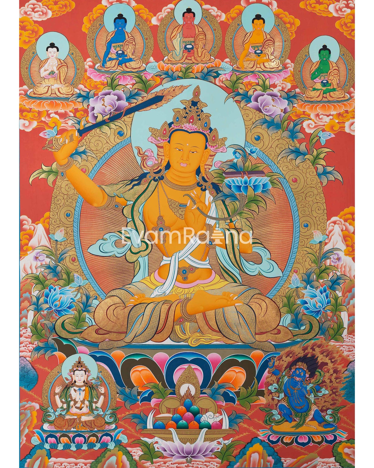 Hand painted Manjushree Thangka with Beautiful Color Combination | Good Luck to House