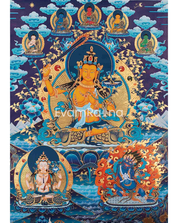 Manjushree Thangka Art with Chengrezig, Vajrapani and Others | Mindfulness Gift