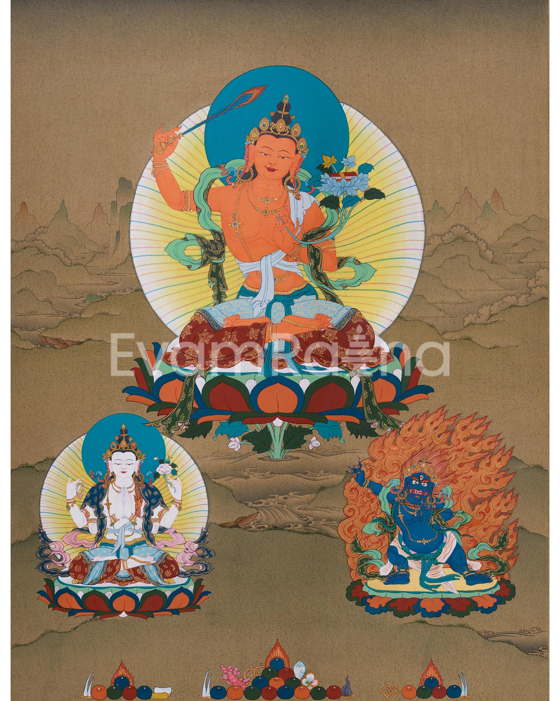Tibetan Thangka of Wisdom Buddha Manjushri 