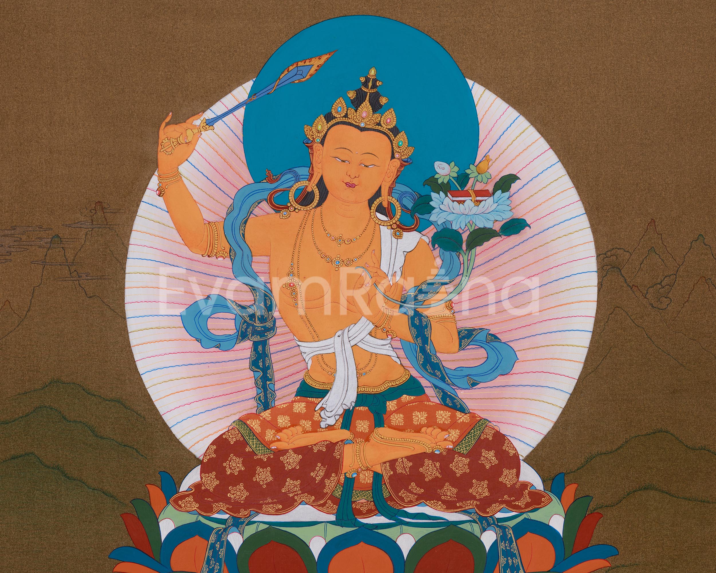Enlightened Bodhisattva Manjushri Thangka | Supreme Wisdom & Compassion