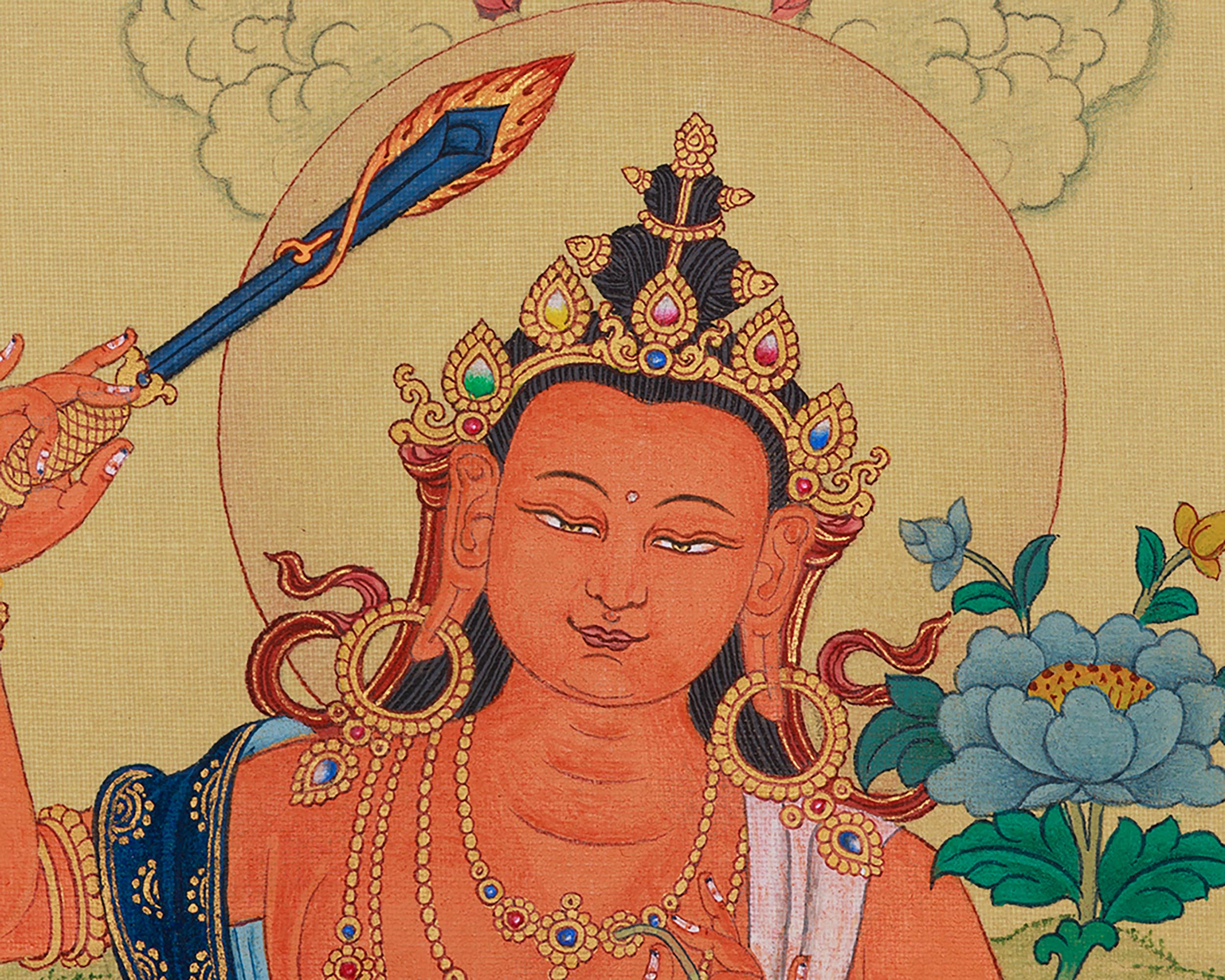 Bodhisattva Manjushri with Mitrupa Buddha Thangka | Divine Representation of Wisdom and Enlightened Meditation