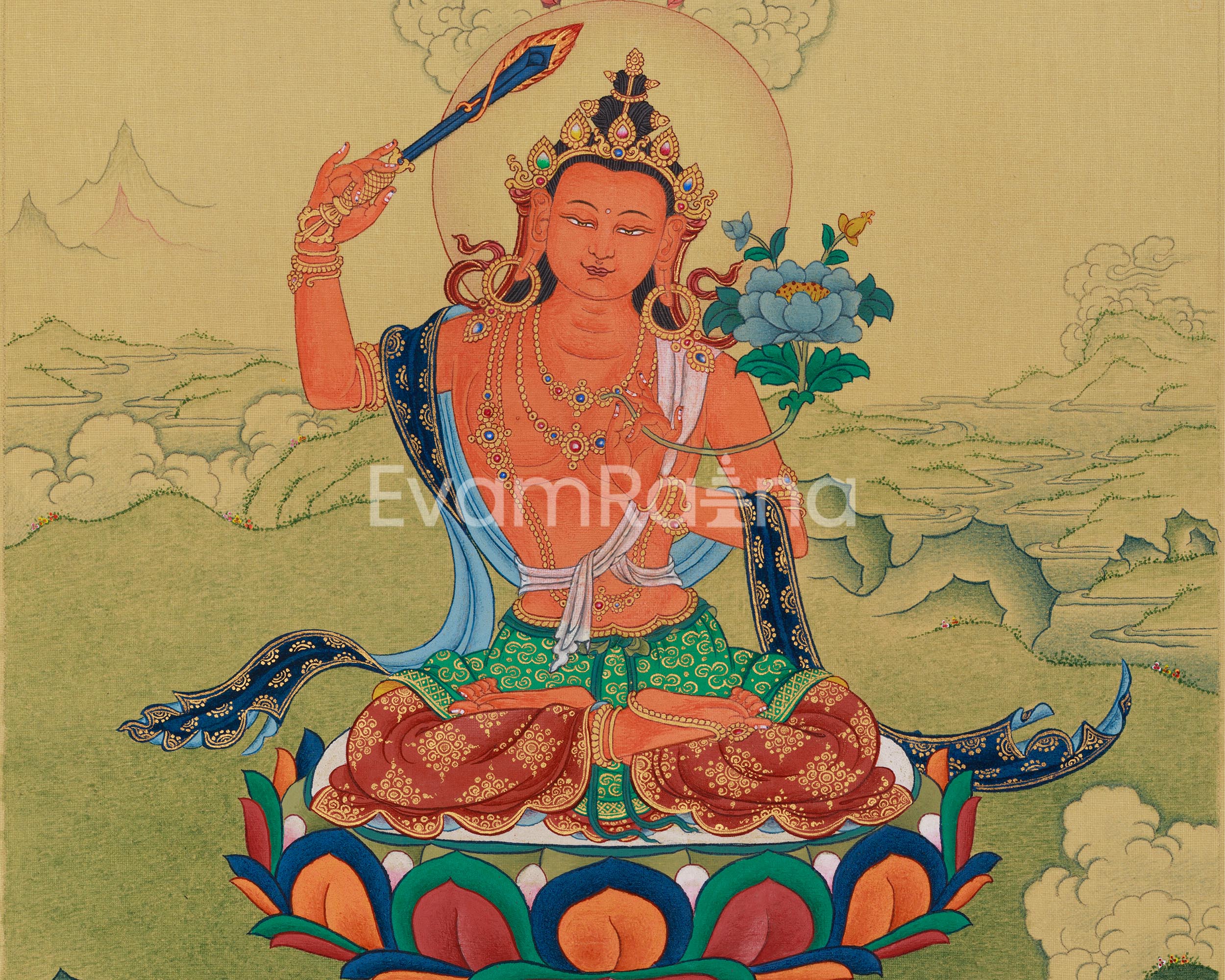 Bodhisattva Manjushri with Mitrupa Buddha Thangka | Divine Representation of Wisdom and Enlightened Meditation