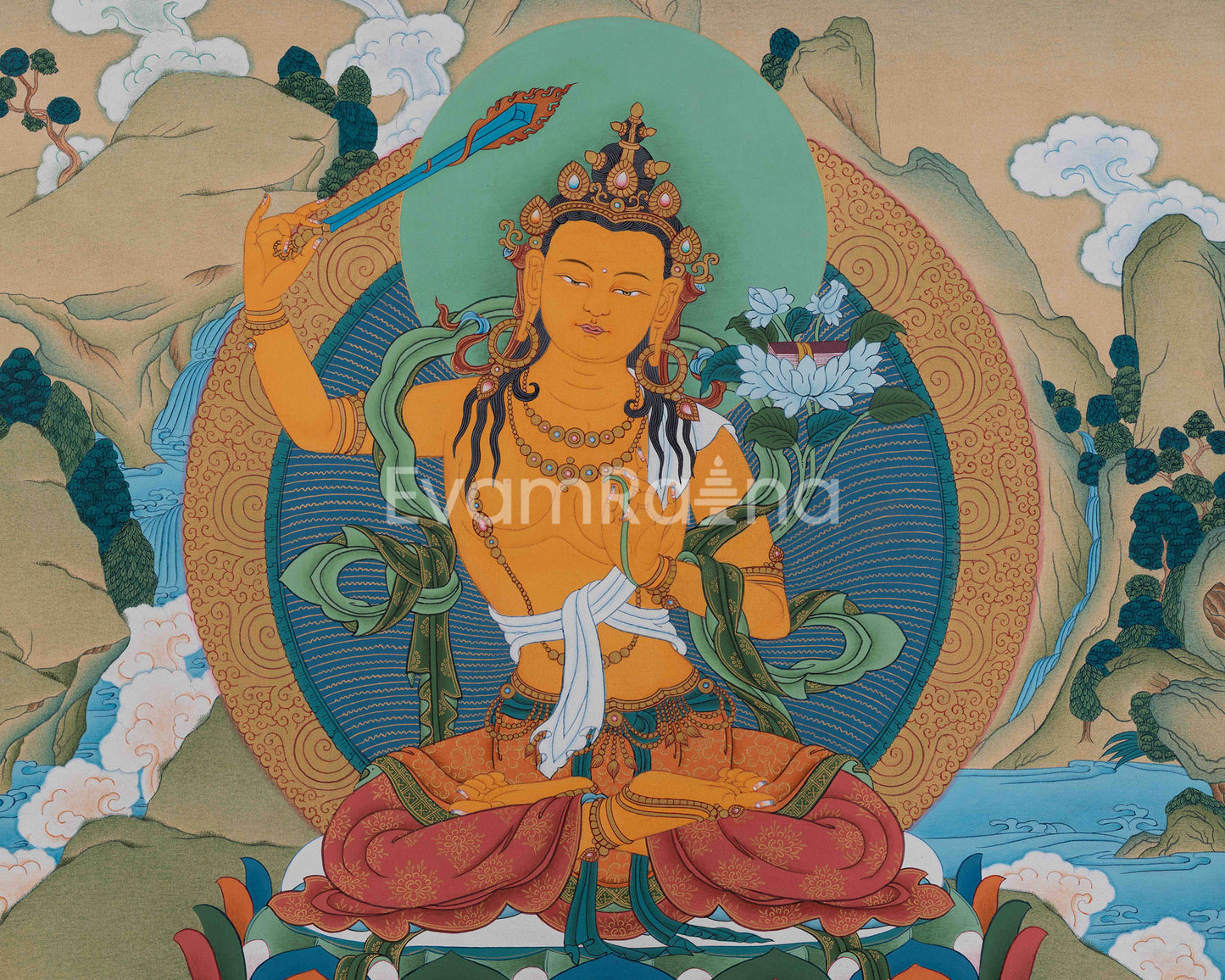 Manjushri : The Bodhisattva of Wisdom Thangka Print | Tibetan Buddhism Altar Art Print | Himalayan Art