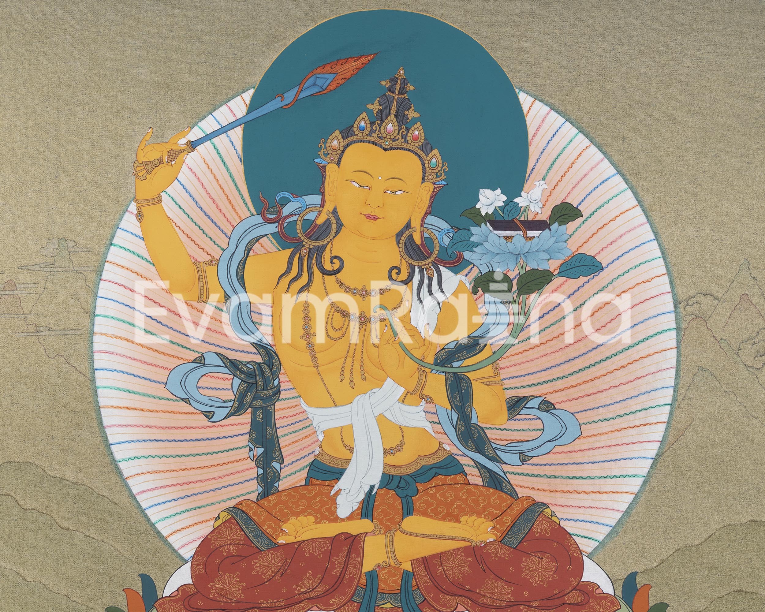 Thangka Print Of Bodhisattva of Wisdom | Digital Print Of Manjushri | Meditative Artwork