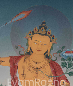 Divine Manjushri Thangka Print for Yoga Practice | Manjushri Symbol of Wisdom and Compassion Wall Hanging | Nepal Art