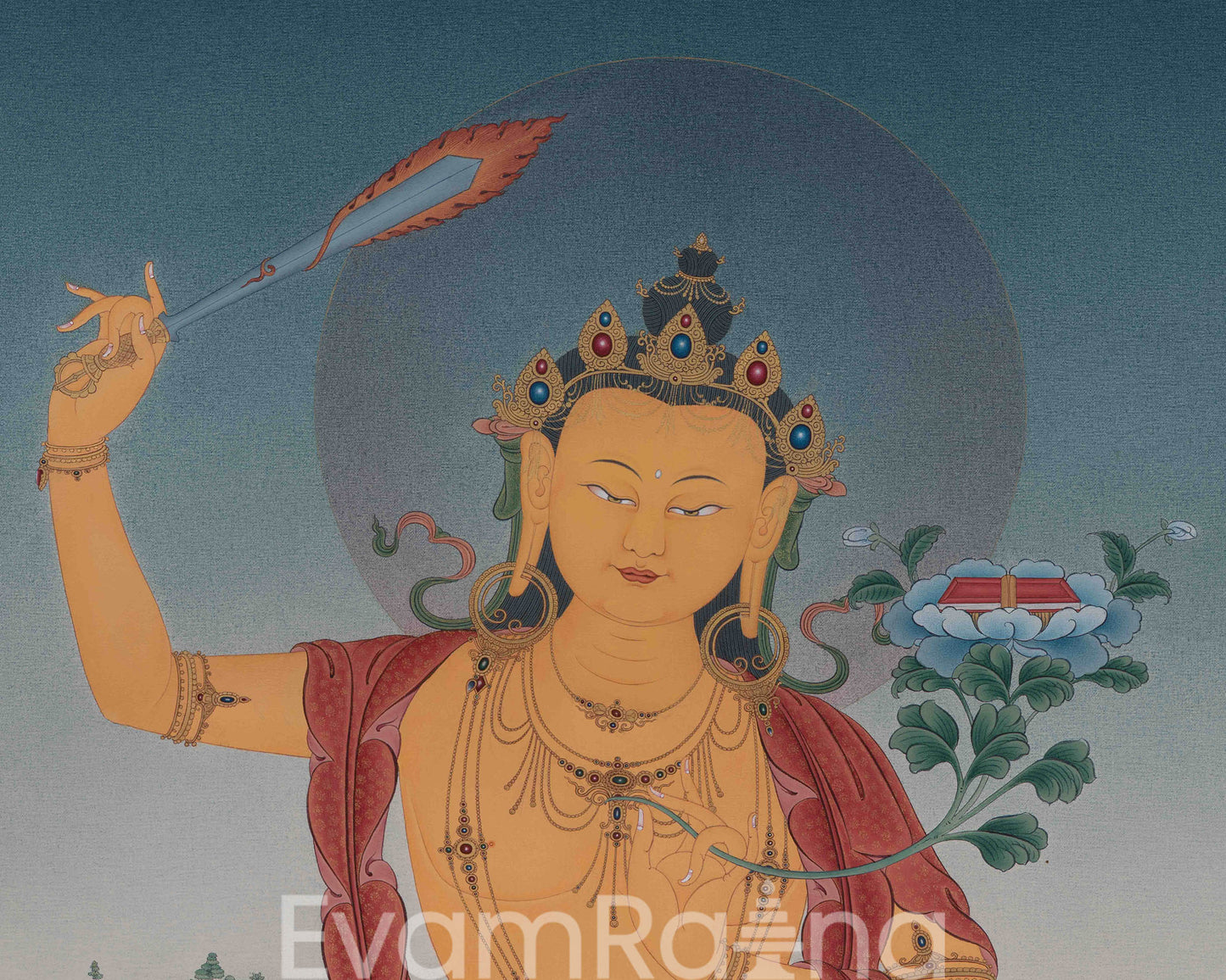 Divine Manjushri Thangka Print for Yoga Practice | Manjushri Symbol of Wisdom and Compassion Wall Hanging | Nepal Art