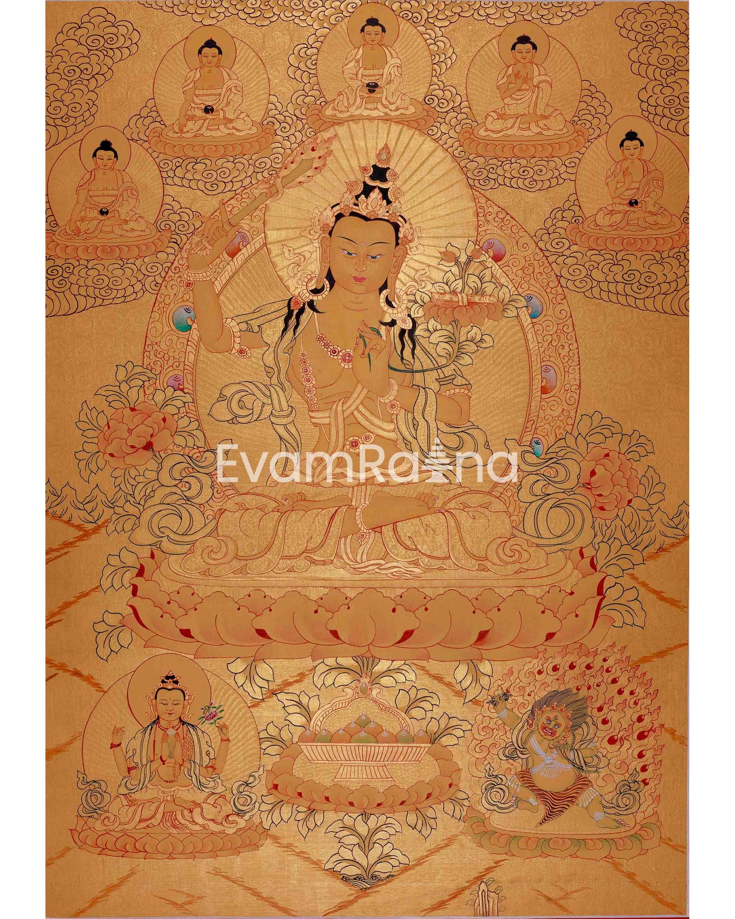 Gold Style Manjushri Thangka with Buddhas & Bodhisattvas | Original Tibetan Thangka