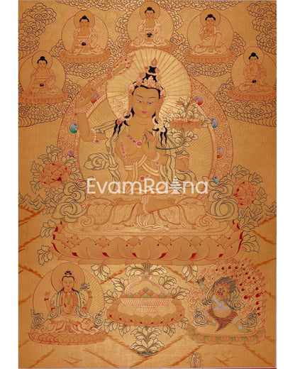 Gold Style Manjushri Thangka with Buddhas & Bodhisattvas | Original Tibetan Thangka