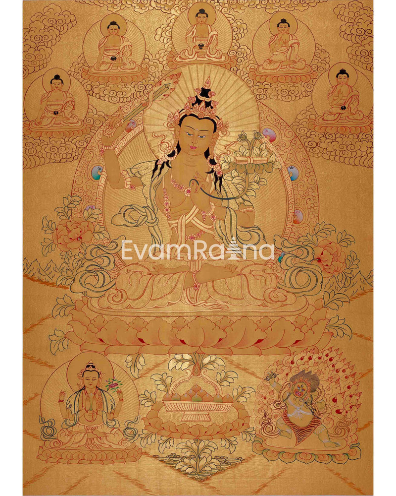 Gold Style Manjushri Thangka with Buddhas & Bodhisattvas | Original Tibetan Thangka