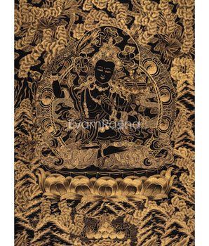 Hand-Painted Black and Gold Manjushri Thangka