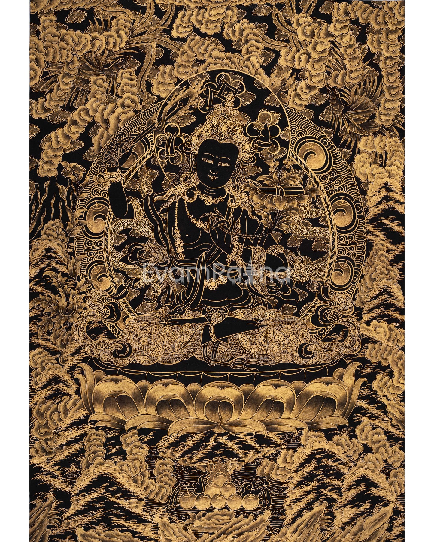 Hand-Painted Black and Gold Manjushri Thangka