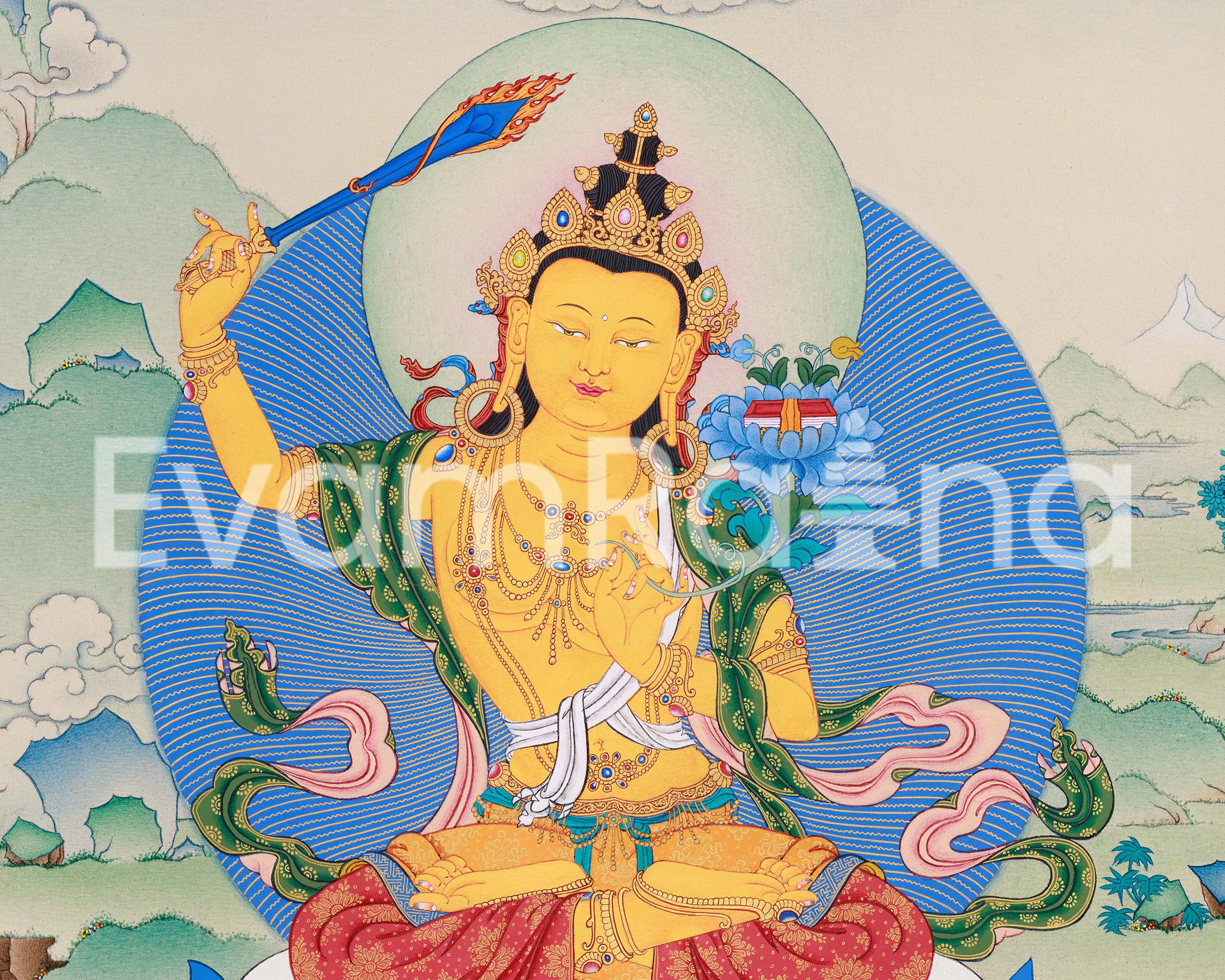 Bodhisattva Manjushree Thangka Print | Bodhisattva of Wisdom | Wall Decors
