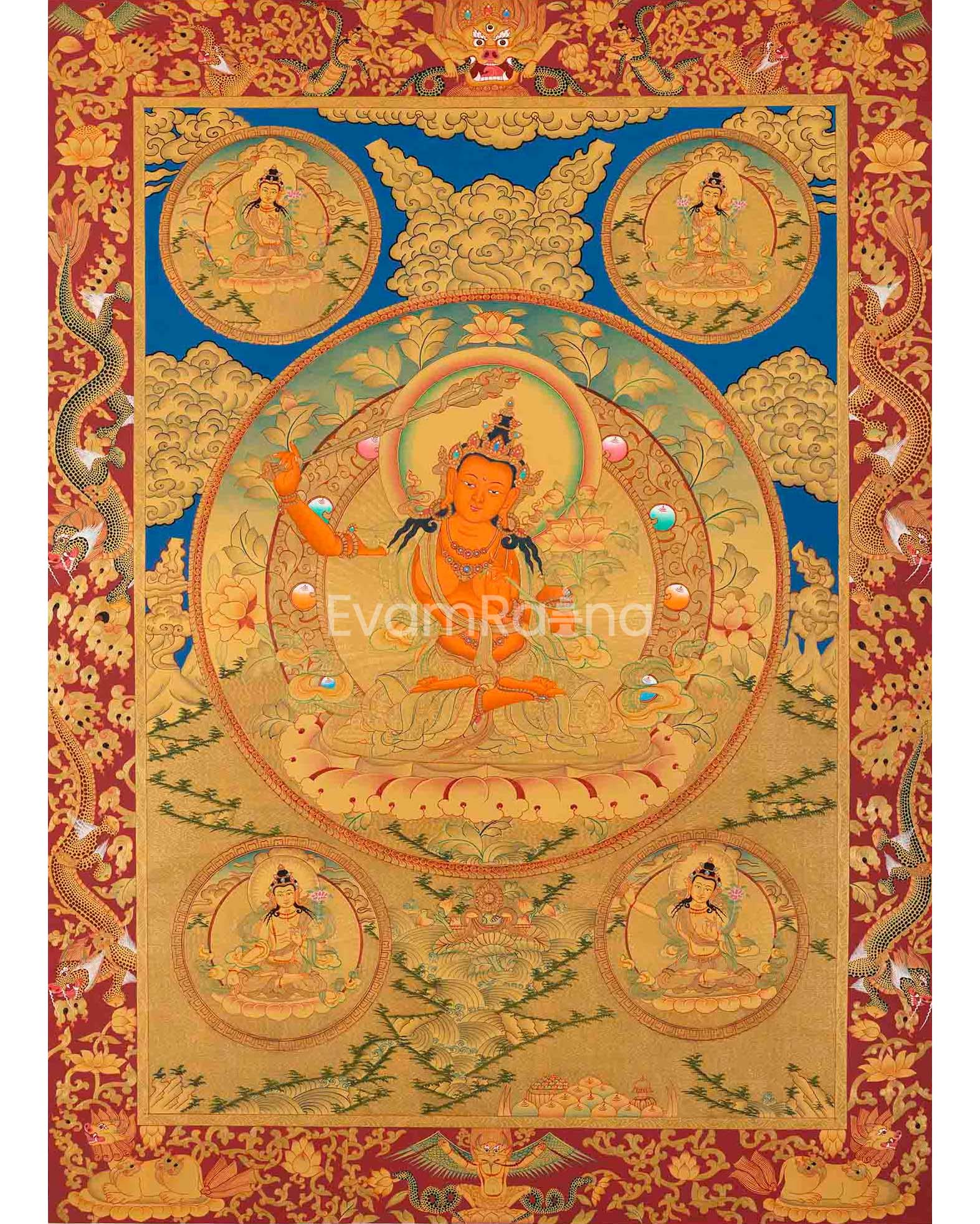 Full Gold Style Bodhisattva Manjushree Original Hand-Painted Thangka