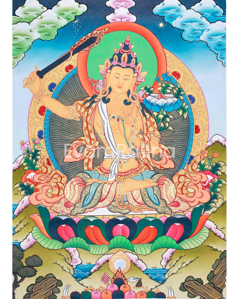 Original Hand-Painted Manjushri Thangka | Manjushree Bodhisattva of Wisdom