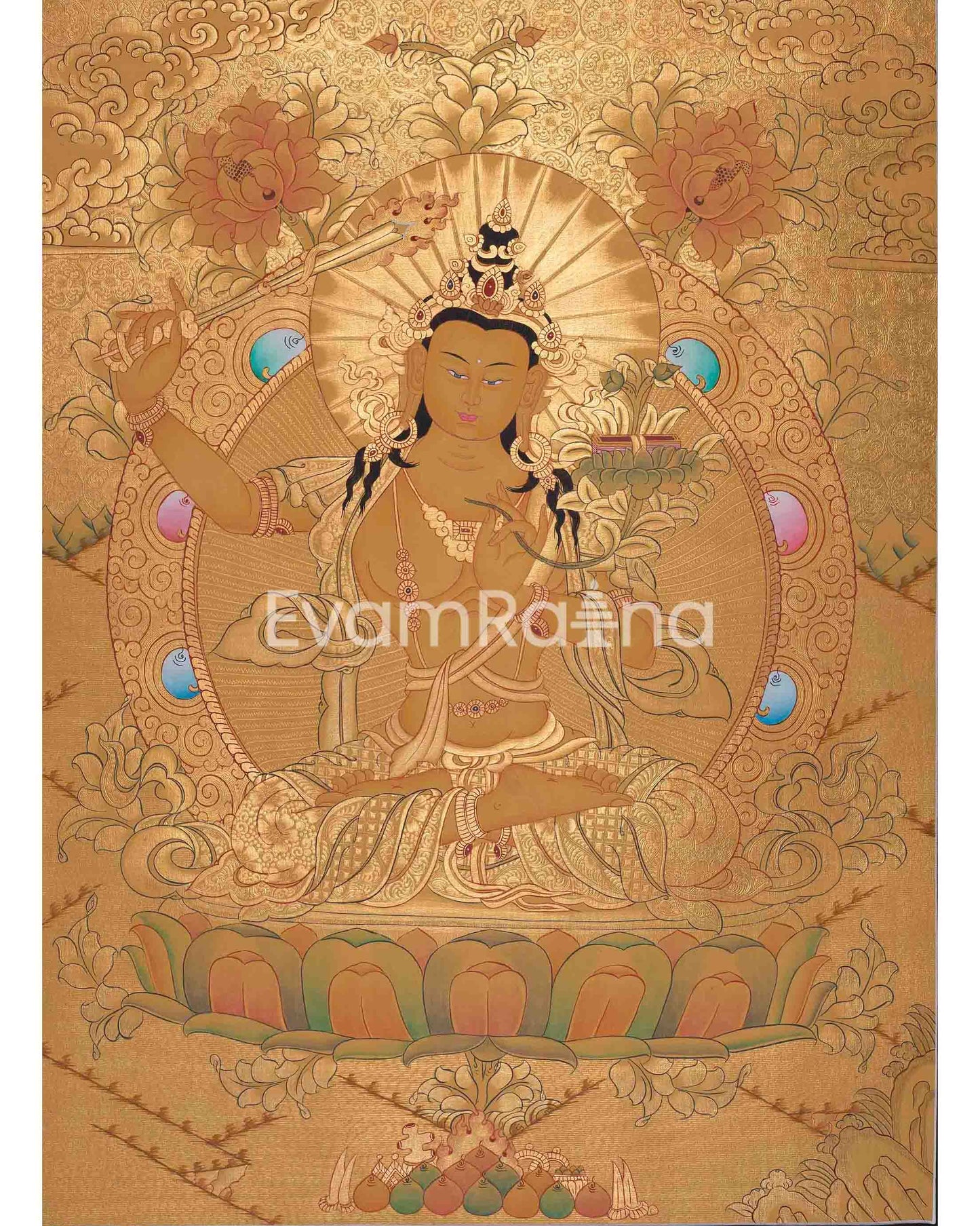 Shree Manjushri Full 24K Gold Style Thangka | Manjushree Thangka