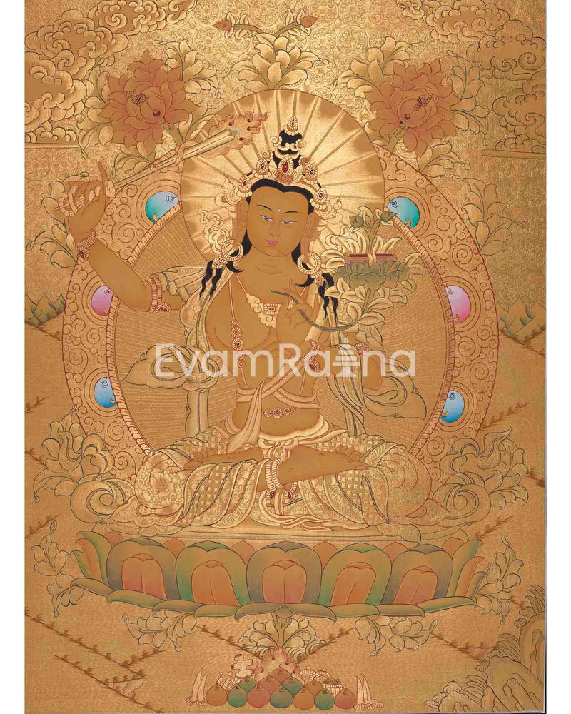 Shree Manjushri Full 24K Gold Style Thangka | Manjushree Thangka