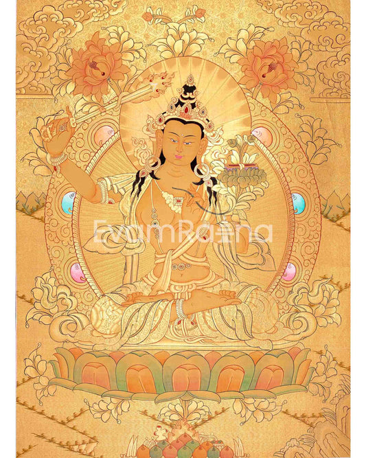 Shree Manjushri Full 24K Gold Style Thangka: