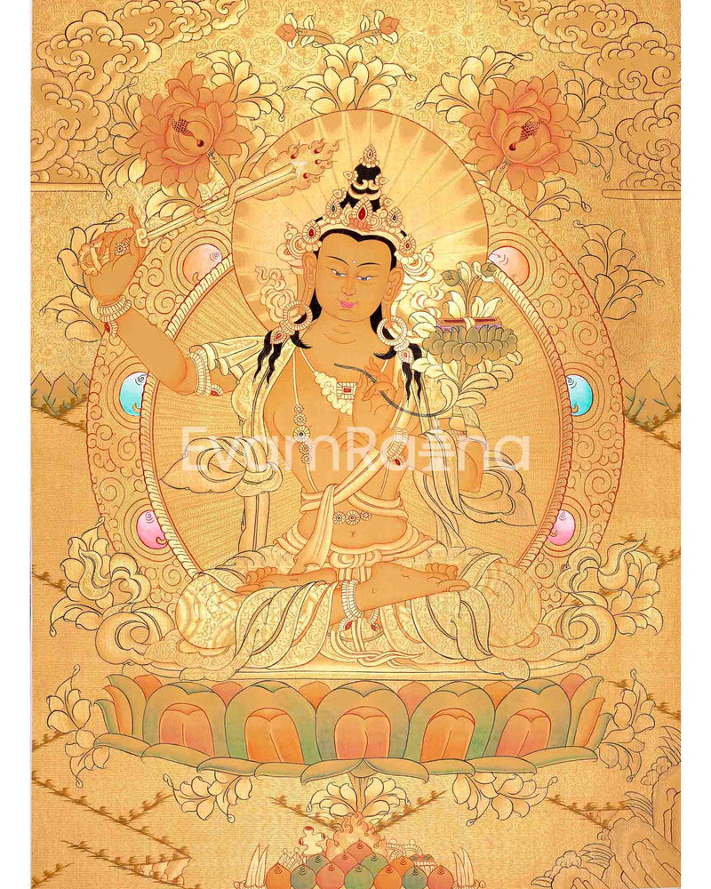 Shree Manjushri Full 24K Gold Style Thangka: