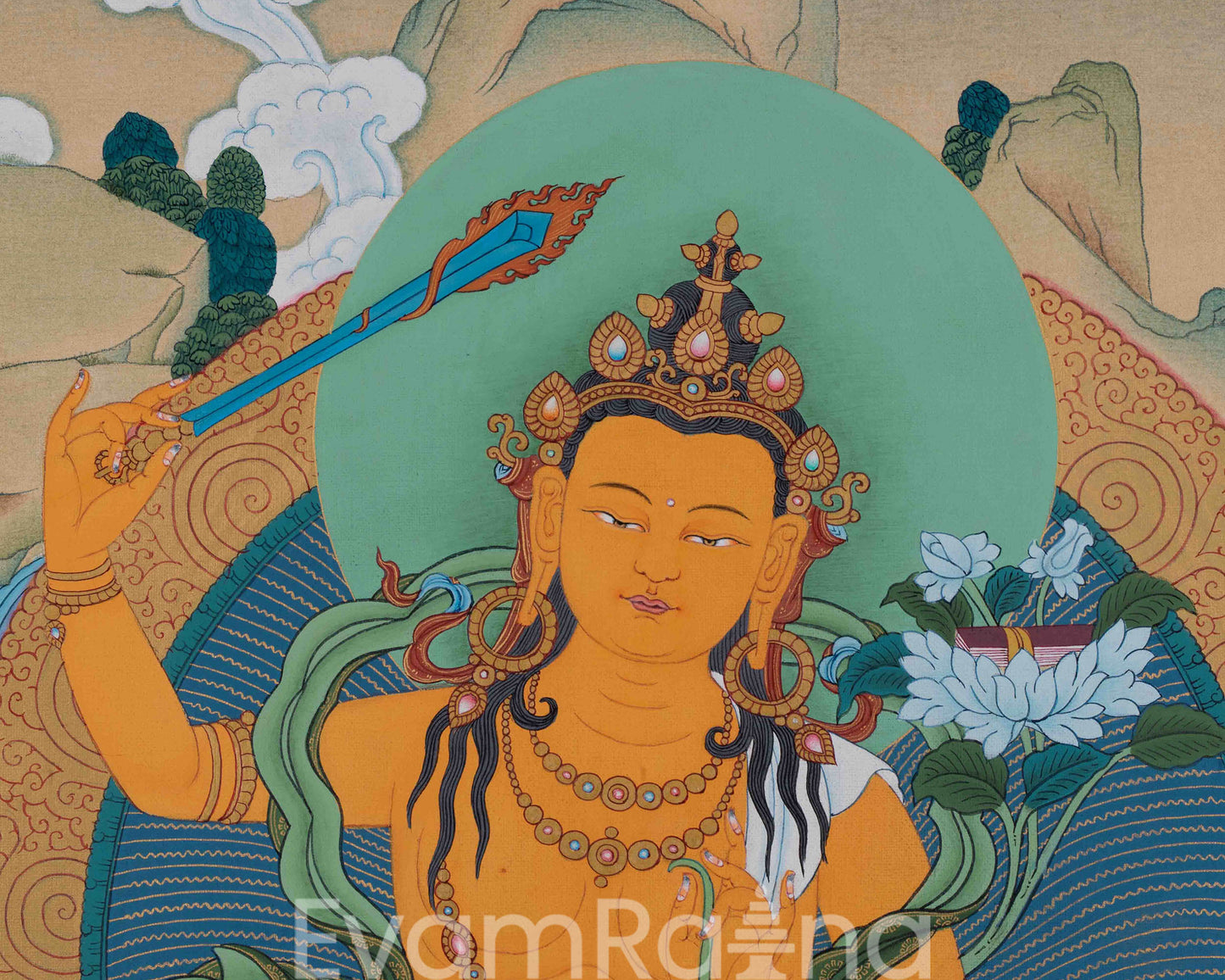 Manjushri : The Bodhisattva of Wisdom Thangka Print | Tibetan Buddhism Altar Art Print | Himalayan Art