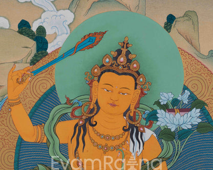 Manjushri : The Bodhisattva of Wisdom Thangka Print | Tibetan Buddhism Altar Art Print | Himalayan Art