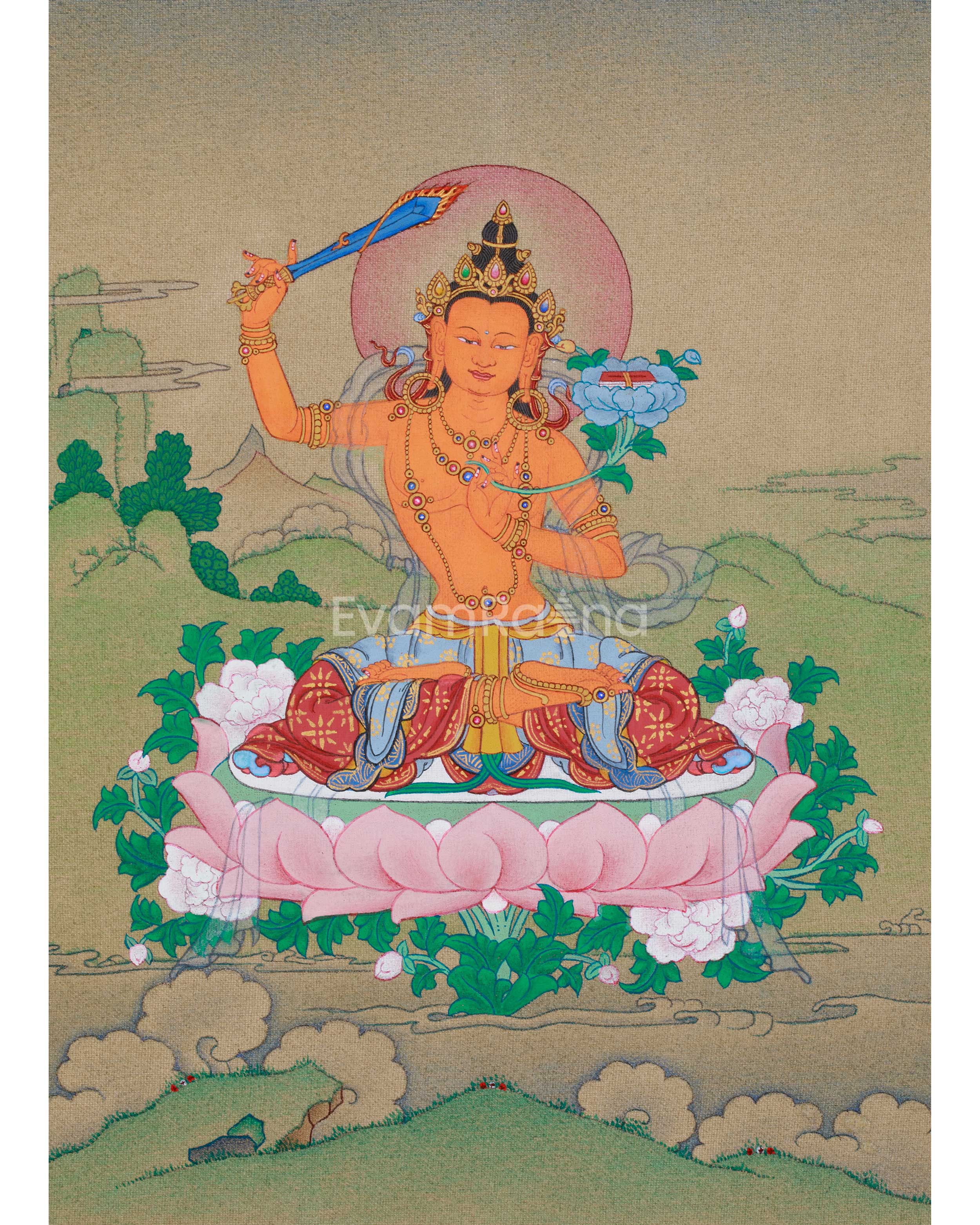 Small 23cm Manjushri Thangka | Bodhisattva of Insight and Knowledge