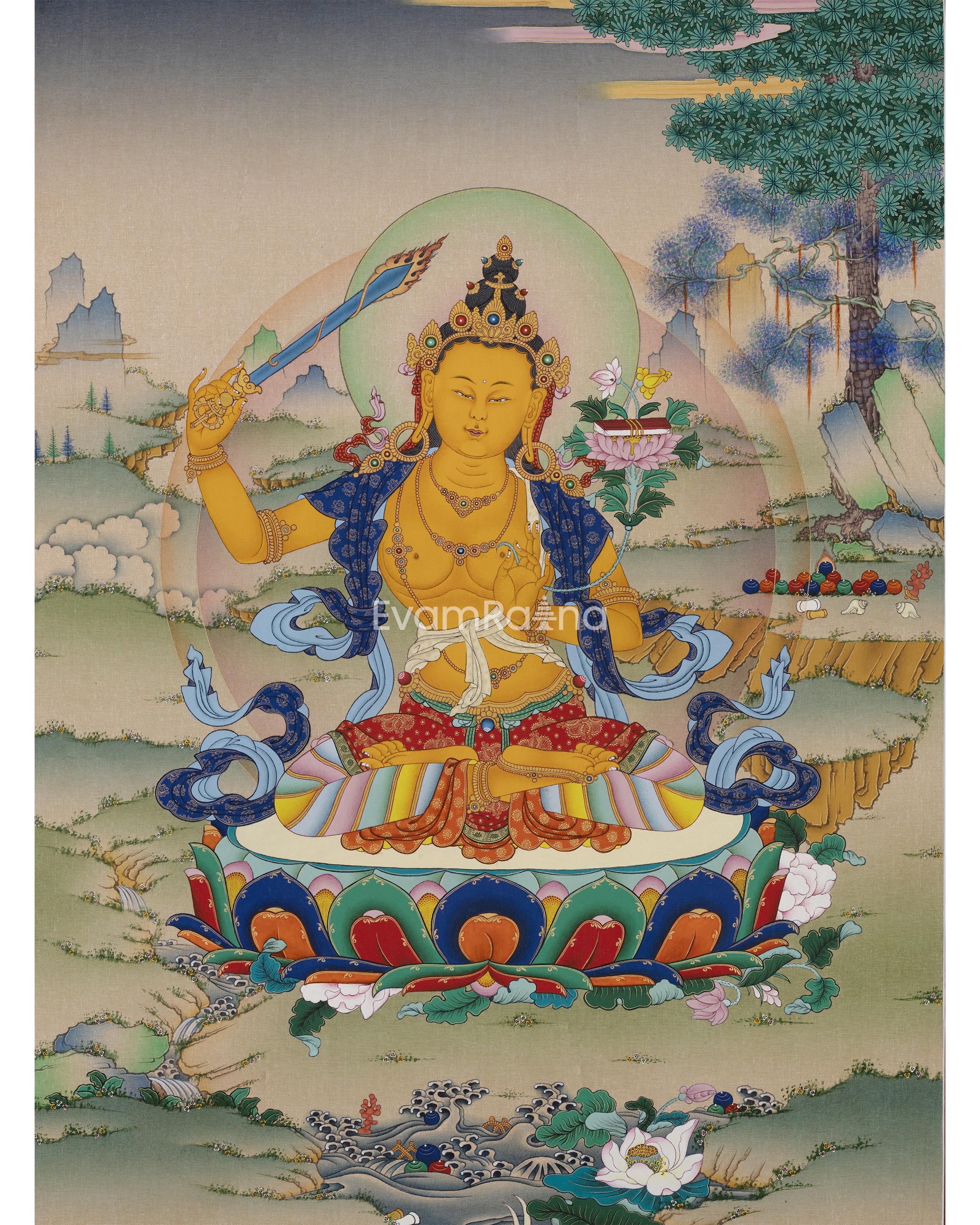 Manjushri Thangka Print | Bodhisattva Of Wisdom | Spiritual Room Decor