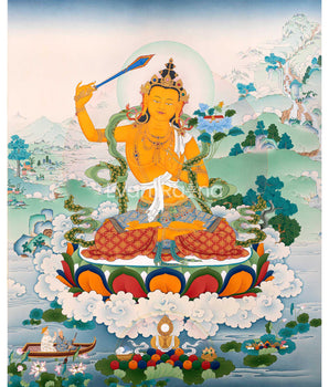 Manjushri Bodhisattva of Wisdom Thangka Print | Buddhist Painting For Living Room Decor