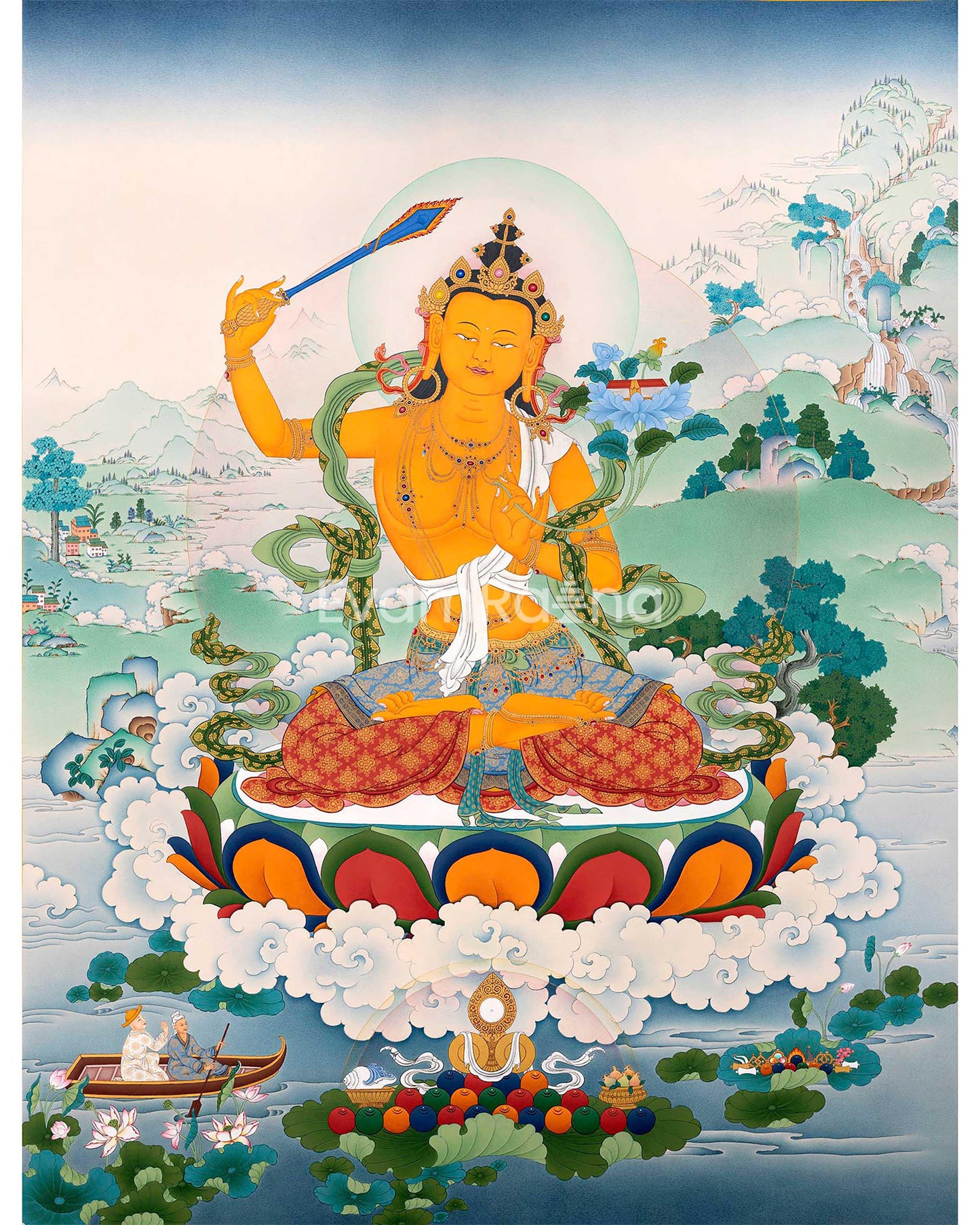 Manjushri Bodhisattva of Wisdom Thangka Print | Buddhist Painting For Living Room Decor