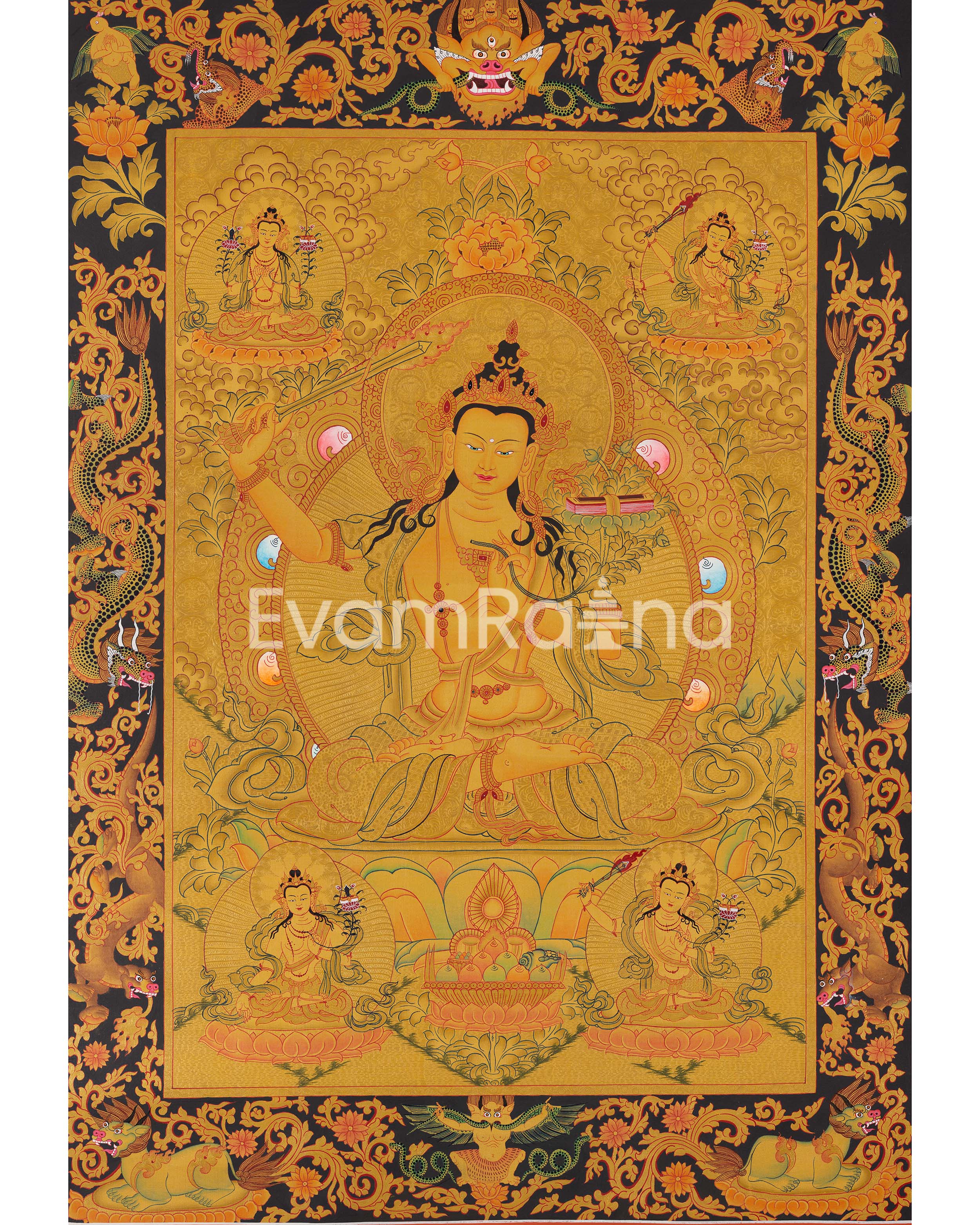 Full 24K Gold Style Original Manjushree Thangka Painting | Bodhisattva Of Wisdom