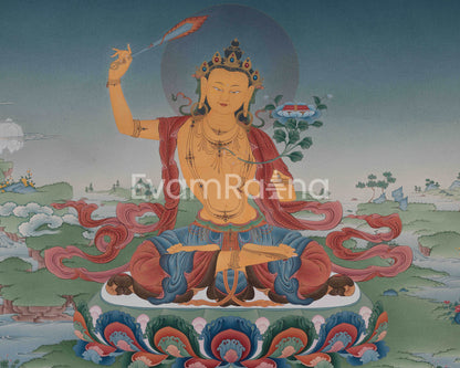 Divine Manjushri Thangka Print for Yoga Practice | Manjushri Symbol of Wisdom and Compassion Wall Hanging | Nepal Art